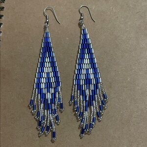 Handmade Blue and Silver Beaded Dangle Earrings, statement earrings! Handmade!